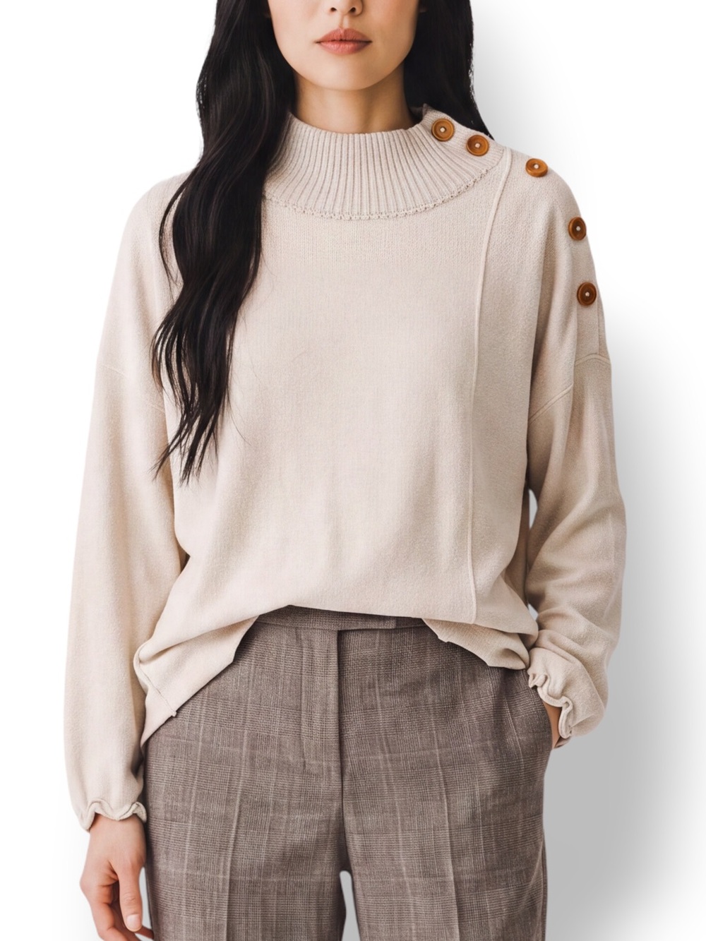 Free People Cream Oversized Button Shoulder Cowl Neck Tunic Sweater Small